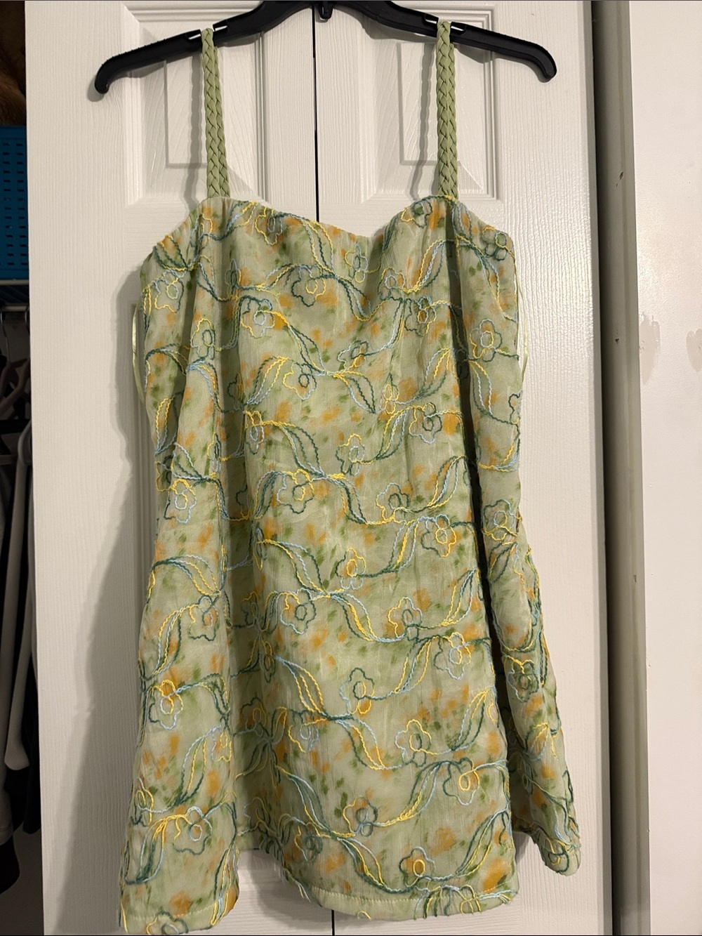 SHEIN Light Green Floral Embroidered Slip Dress with Braided Straps